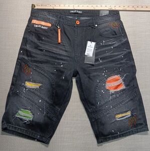 CREATE 2MRW Jean short, 36 w/ 13" inseam, Black Distressed w/ color patches, NWT